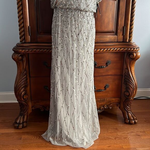 Adrianna Papell sequin lattice dress with flutter sleeves in Bridal Silver-NWT - Picture 7 of 10